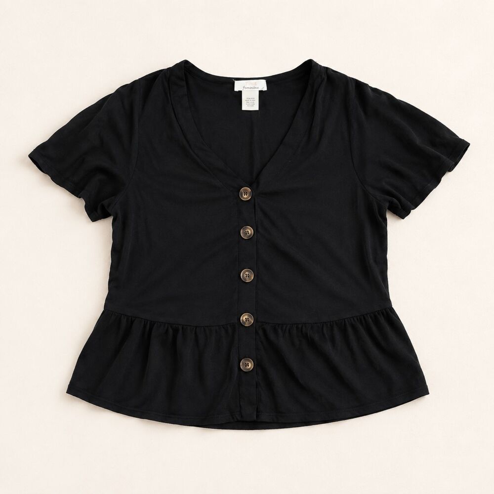 Urban Romantics Black Button Down Top Short Sleeve Minimalist Chic Blouse NWOT